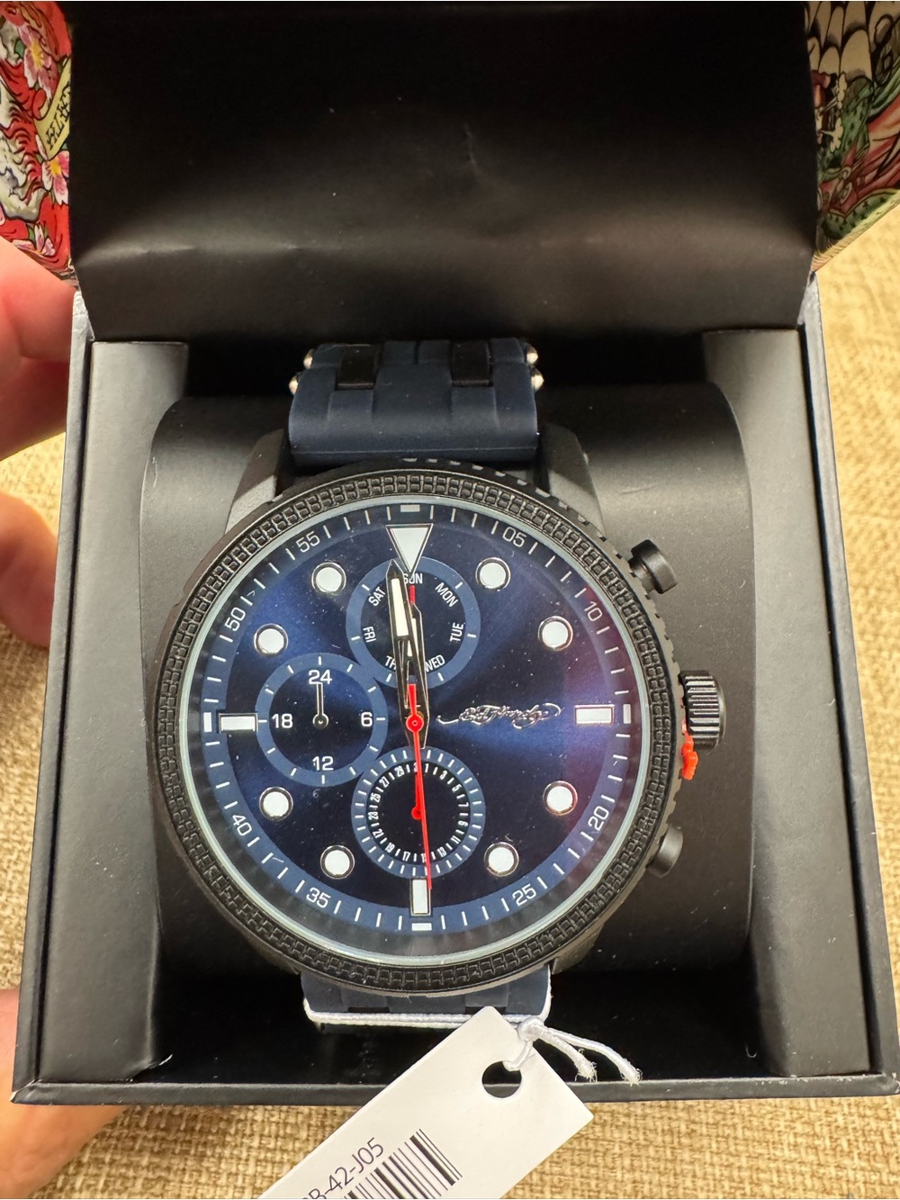 Ed Hardy Men’s Quartz Blue Dial Watch Black Metal Case Blue Rubber Strap Box
